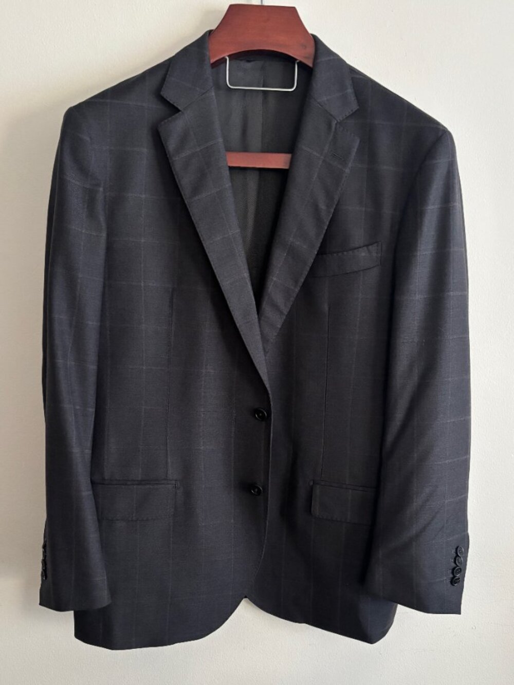 $1400 Harold Harry Rosen Charcoal Grey Windowpane Wool Suit -- 46R  Pants 38